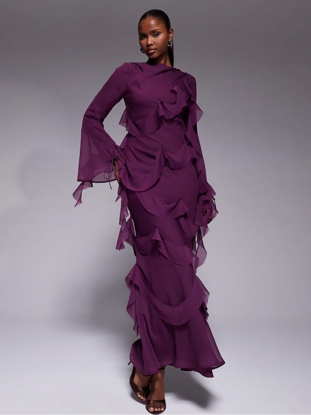 ASOS DESIGN Purple Ruffle Long-Sleeve Maxi Dress